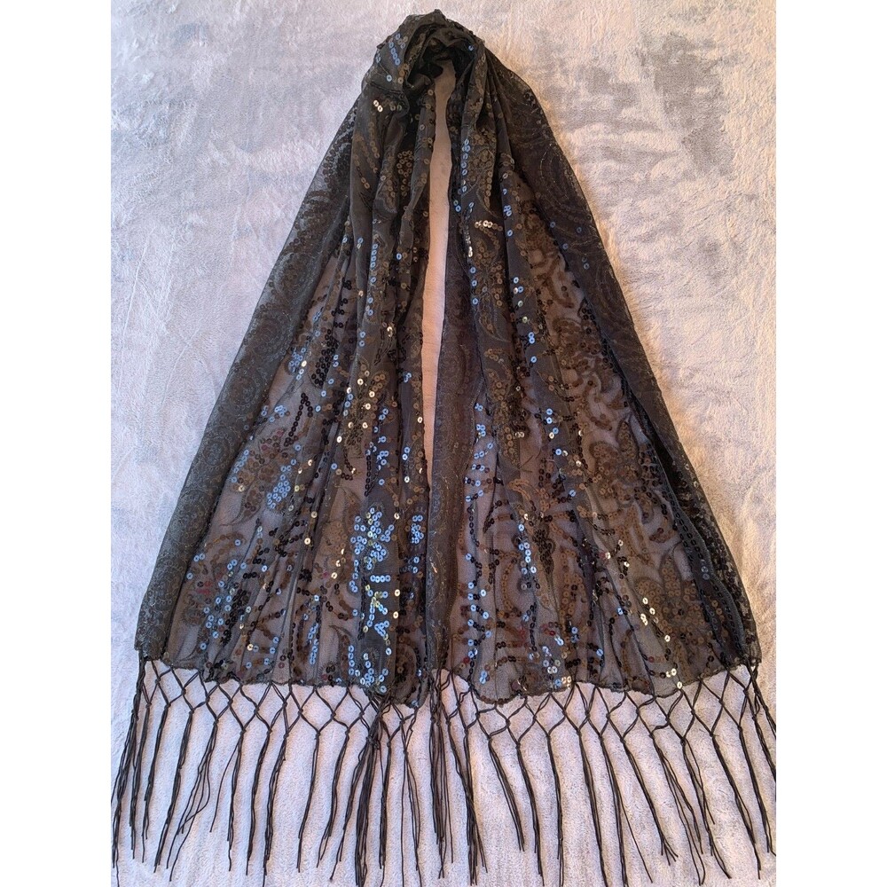 Vintage Black Shall Wrap Sequin Lace Evening Fringed Tassel Cocktail Scarf